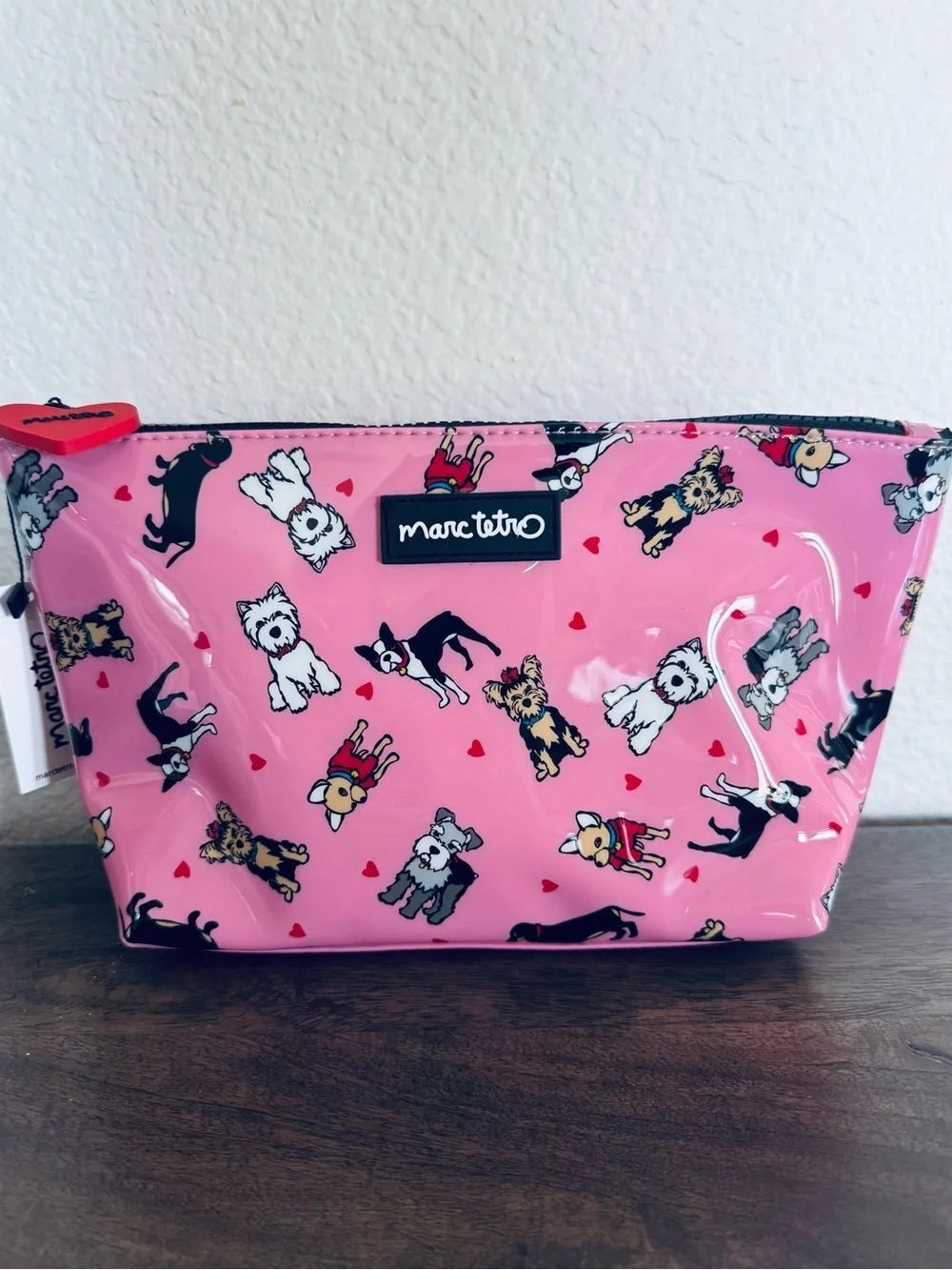 Marc Tetro Pink Dog Print Cosmetic Bag Zipper Pouch